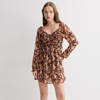 Juniors' Rewind Long Sleeve Velvet Trim Mini Skater Dress