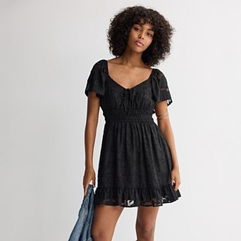 Juniors' Rewind Flutter Sleeve Textured Lace Skater Dress