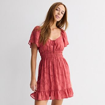 Juniors' Rewind Flutter Sleeve Textured Lace Skater Dress