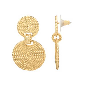 Emberly Gold Tone Brass & Steel Polished Circular Textured Drop Earrings