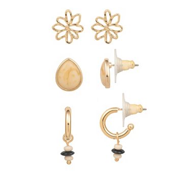 Emberly 3-Pair Gold-Tone Button & Hoop Nickel Free Earring Set