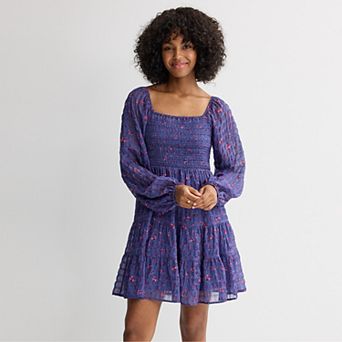 Juniors' Rewind Long Sleeve Smocked Skater Dress