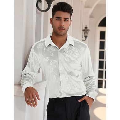 Men's Velvet Button Down Shirts Long Sleeve Collared Vintage Embossing Office Business Casual Tops