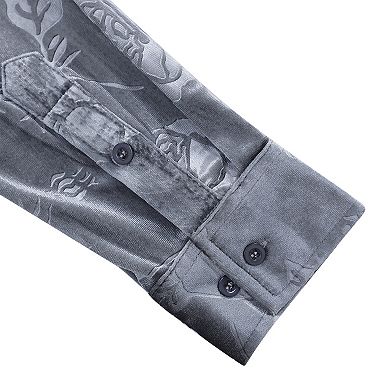 Men's Velvet Button Down Shirts Long Sleeve Collared Vintage Embossing Office Business Casual Tops