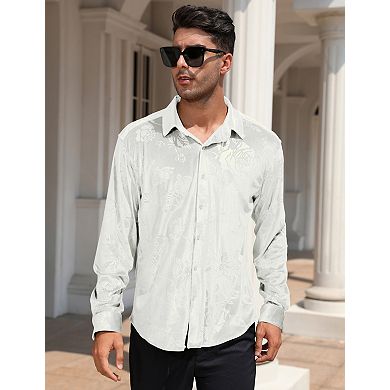 Men's Velvet Button Down Shirts Long Sleeve Collared Vintage Embossing Office Business Casual Tops
