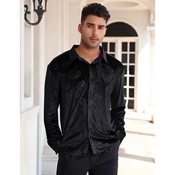 Men's Velvet Button Down Shirts Long Sleeve Collared Vintage Embossing Office Business Casual Tops