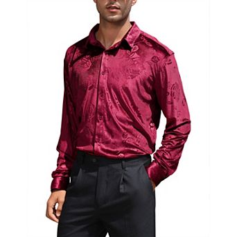 Men's Velvet Button Down Shirts Long Sleeve Collared Vintage Embossing Office Business Casual Tops