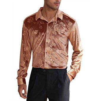 Men's Velvet Button Down Shirts Long Sleeve Collared Vintage Embossing Office Business Casual Tops