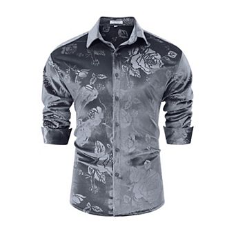 Men's Velvet Button Down Shirts Long Sleeve Collared Vintage Embossing Office Business Casual Tops