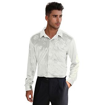 Men's Velvet Button Down Shirts Long Sleeve Collared Vintage Embossing Office Business Casual Tops