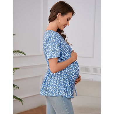 Women's Maternity V-Neck Blouses Short Sleeve Top with Drawstring Waist
