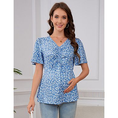 Women's Maternity V-Neck Blouses Short Sleeve Top with Drawstring Waist