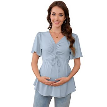 Women's Maternity V-Neck Blouses Short Sleeve Top with Drawstring Waist