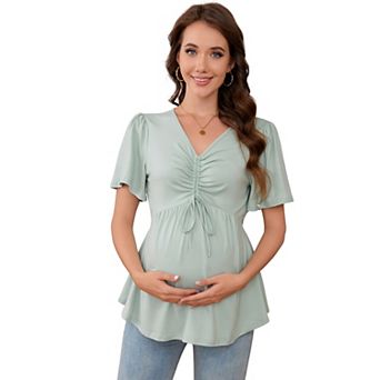 Women's Maternity V-Neck Blouses Short Sleeve Top with Drawstring Waist