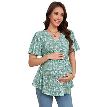 Women's Maternity V-Neck Blouses Short Sleeve Top with Drawstring Waist