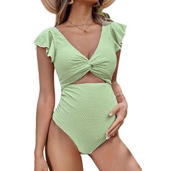 Womens V Neck Swiss Dot Ruffle Sleeve One Piece Monokini Swimsuit Summer Cut Out Maternity Swimwear
