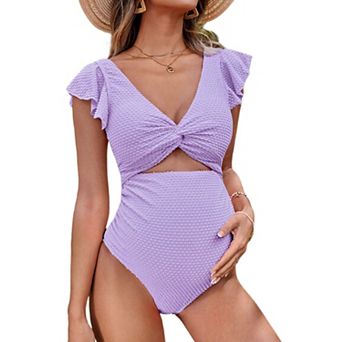 Womens V Neck Swiss Dot Ruffle Sleeve One Piece Monokini Swimsuit Summer Cut Out Maternity Swimwear