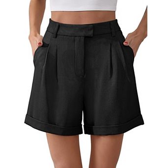 Womens Summer High Waisted Shorts Roll Up Pleated Wrap Hem Wide Leg Shorts with Pockets