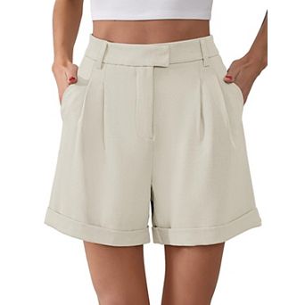 Womens Summer High Waisted Shorts Roll Up Pleated Wrap Hem Wide Leg Shorts with Pockets