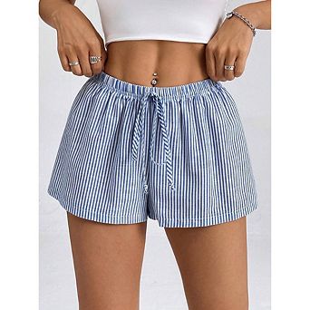 Women's Low Rise Striped Shorts Drawstring Elastic Waist Casual Wide Leg Summer Lounge Shorts