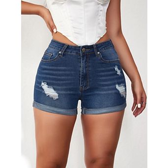 Women's Stretchy High Waisted Denim Shorts Ripped Distressed Cut Off Jean Shorts with Pockets