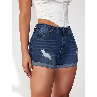 Women's Stretchy High Waisted Denim Shorts Ripped Distressed Cut Off Jean Shorts with Pockets