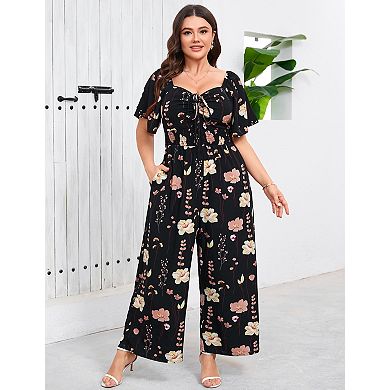 Women's Plus Size Square Neck Pants Short Sleeve Jumpsuit Romper