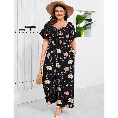 Women's Plus Size Square Neck Pants Short Sleeve Jumpsuit Romper