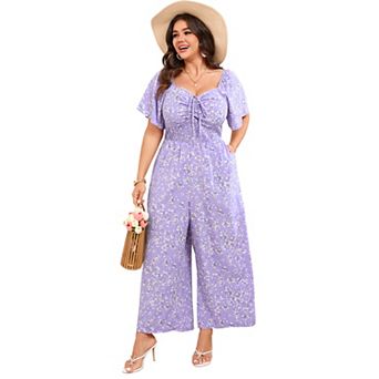 Women's Plus Size Square Neck Pants Short Sleeve Jumpsuit Romper