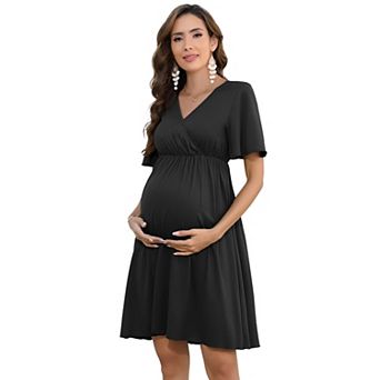 Women's Maternity Short Sleeve Ruffle Dress V Neck Midi Dress