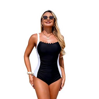 Women's Retro Scalloped One Piece Swimsuit Color Block Bathing Suit for Swimming Beach
