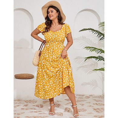 Women's Plus Size Short Sleeve Floral Dress with Side Pockets