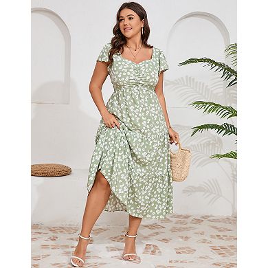 Women's Plus Size Short Sleeve Floral Dress with Side Pockets