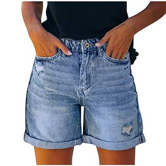 Womens Denim Shorts Stretchy High Waisted Ripped Loose Fit Casual Summer Beach Jeans Shorts