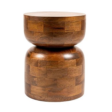 Hello Honey Round Mango Wood Stacked End Grain Accent Table, Walnut Finish