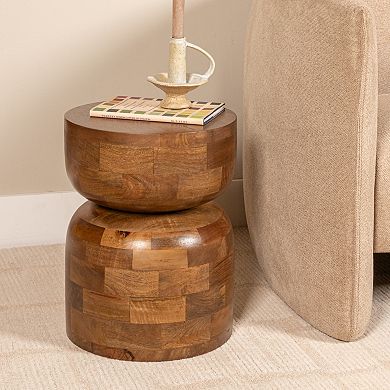 Hello Honey Round Mango Wood Stacked End Grain Accent Table, Walnut Finish
