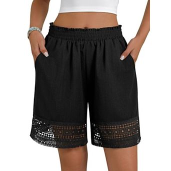 Women's Casual Elastic Waist Lounge Shorts Comfy Stretch Lace Trim Summer Beach Linen Ruffle Shorts