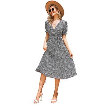 Women's Floral Print Wrap Dress with Puff Sleeves V-Neck Tie Waist Pleated Midi Dress