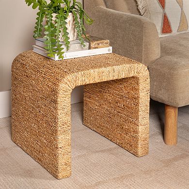 Hello Honey Woven Water Hyacinth & Acacia Wood End Table with Waterfall Edge