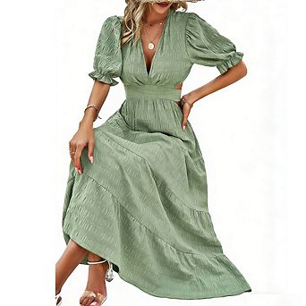 Women's Cutout Waist Tiered Dress Puff Sleeve Solid Color Casual Dress