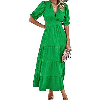 Women's Cutout Waist Tiered Dress Puff Sleeve Solid Color Casual Dress