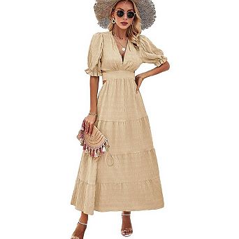Women's Cutout Waist Tiered Dress Puff Sleeve Solid Color Casual Dress