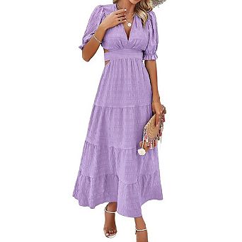Women's Cutout Waist Tiered Dress Puff Sleeve Solid Color Casual Dress