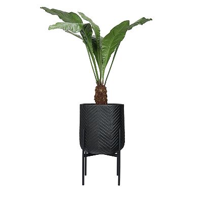 Hello Honey Round Metal Planter with Chevron Pattern on Stand, Black