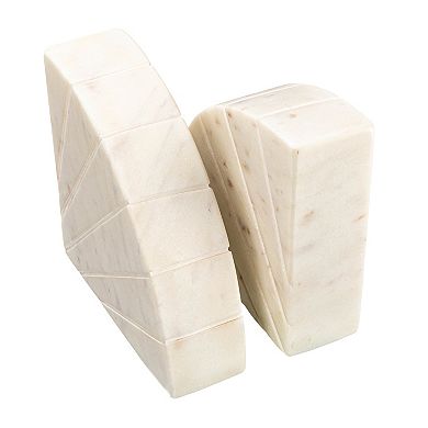 Hello Honey Modern Arched Semicircle Marble Bookends with Carved Detail, Set of 2, White