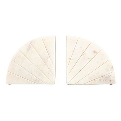 Hello Honey Modern Arched Semicircle Marble Bookends with Carved Detail, Set of 2, White