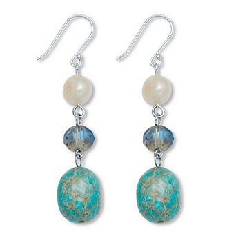 Genuine Jasper and Cultured Freshwater Pearl Silvertone Drop Earrings
