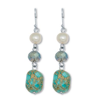 Genuine Jasper and Cultured Freshwater Pearl Silvertone Drop Earrings