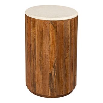 Hello Honey Round Mango Wood Fluted End Table with Marble Top, Walnut Finish