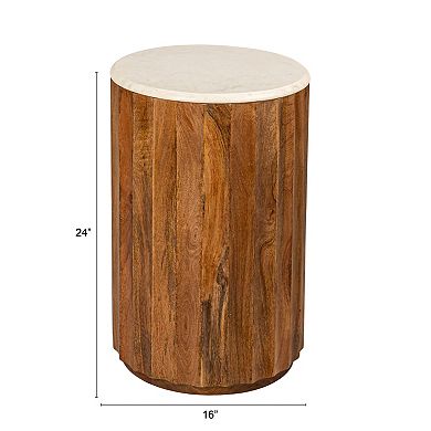 Hello Honey Round Mango Wood Fluted End Table with Marble Top, Walnut Finish